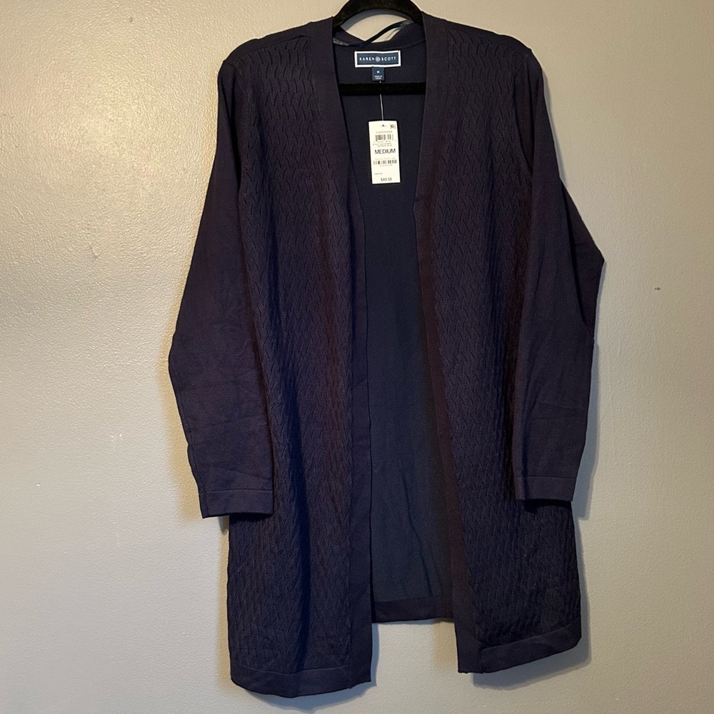 NWT Karen Scott Sz Medium Intrepid Blue Pointelle Long Tunic Cardigan Sweater!